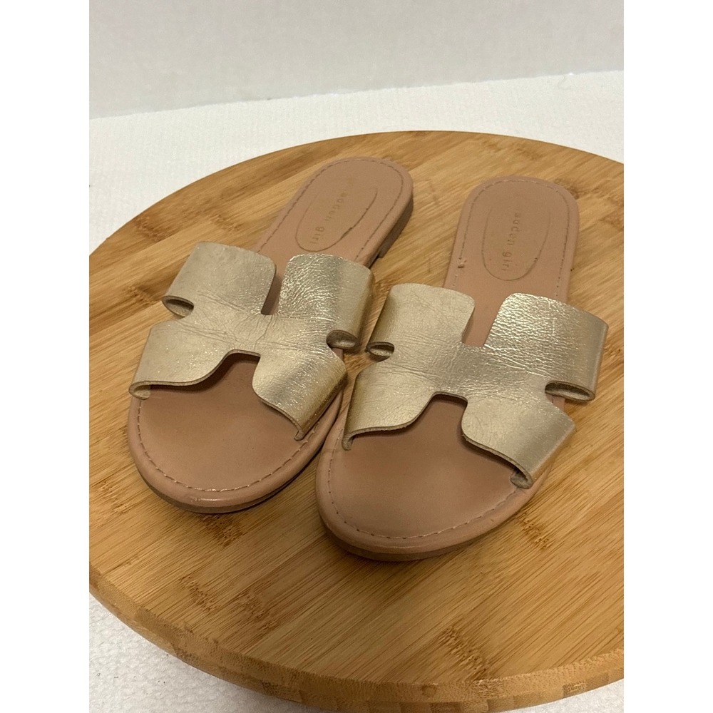 Madden Girl Womens Brando Metallic Gold H-Band Slide Sandals Size 9 Flat Shoes
